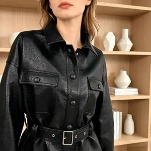 Elegant Black Women's Belted Leather Jacket Notched Lapel Button-Front Leather Jacket Stylish Waist-Defining Leather Jacket