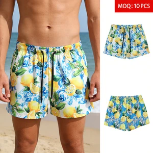 Custom Logo Wholesale Men's Lemon Print Woven Mid Beach Shorts 100%Polyester Quick Dry Lightweight Elastic Summer Swim Trunks