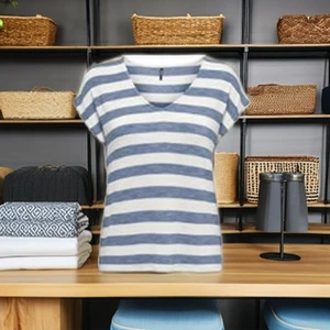 Women's Plus Size Striped 100% Cotton V-neck T-shirt Formal Design Embroidered Logo Button Half Sleeve Loose Fit Eco-Friendly 3D