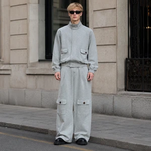 Men Streetwear 100% Cotton Knitted Tracksuit Sets Digital Printed Cargo Pocket Zip Up Jacket Wide Leg Pants Oem Two Piece Set