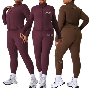 Custom Wholesale Fitness Outfit, Women Plus Size Stand Collar Coat with Butt Lifting Leggings, 2-Piece Training Yoga Set