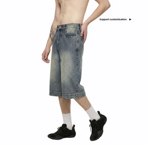 Men's Vintage Mid Waist Wide-Leg Straight Leg Summer Denim Shorts Distressed Casual Cropped Pants