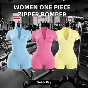 Women's One-Piece Zipper Romper Custom Logo Gym Workout Bodysuit Knitted Jumpsuit Skinny Solid Basics Playsuit for Sports