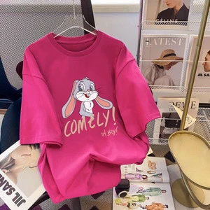 Large Size Cotton Women's T-shirt Summer Loose Casual Cute Cartoon Printed Top Round Neck Plus Size Women's Short-sleeved Tshirt