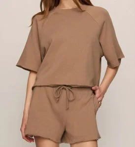 Custom Women's Washed French Terry Two Piece Set Short Sleeve Raglan Crew Neck Top Drawstring Shorts Loungewear Set Manufacturer