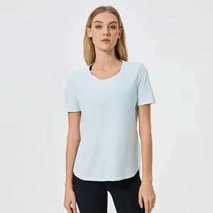 Women's Summer Loose Breathable Short Sleeve Yoga Top Quick-Dry Fitness Sports with Front Logo and Print Side Slits