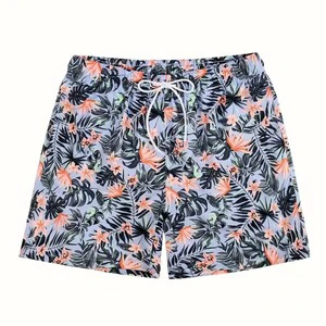 Quick-Dry Men's Swim Trunks Tropical Floral Print Beach Shorts Slim Fit Board Shorts with Drawstring Elastic Waistband & Pockets