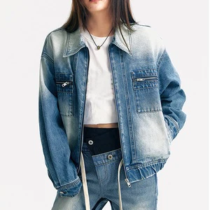 LARSUR Custom Factory Distress Dye Wash Denim Jacket Zipper Cargo Casual Jeans Jacket and Coat for Women