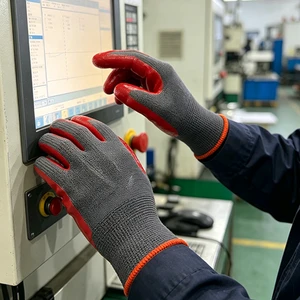 Custom Recycled Grey Yarn Red Nitrile Coated Safety Gloves With Touchscreen For Industrial Working Task