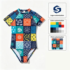 Supply Custom Girls Patchwork Floral Wave One Piece Swimsuit Short Sleeve UPF50 Rash Guard Kids Bathing Suit