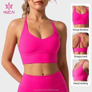 Custom OEM Nylon Spandex Quick Dry Scoop Neck Adjustable Strappy Back Yoga Pilates Running Sports Bra For Women