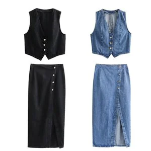 Casual Vintage Solid Denim Women Suit Single Breasted Sleeveless Vest Long Straight Split Skirt Fashion 2024 Summer Sets