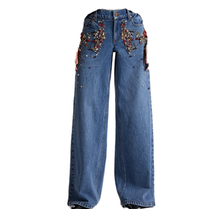 Autumn New Heavy Industry Nail Bead Design Sense Straight Leg Pants High Waist Slim Fashion Style Versatile Denim Pants