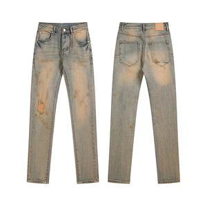 Men's Jeans High Quality Stretch, Straight Leg Vintage Washed Ripped Slim Skinny Designer Denim Pants