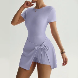 New Women Stitched Yoga Jumpsuits Gym Fitness Short Sleeve Dress BodySuits Workout Clothes Sportswear Shapewear Tennis Skirt