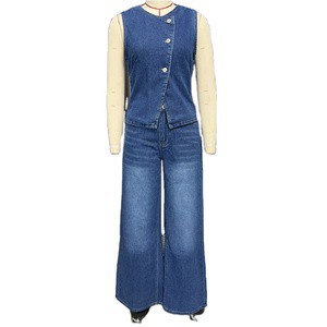 S-2XL Spring and summer new women's denim suit Sleeveless single breasted vest fashionable wide leg jeans set
