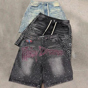 Manufacturer Custom Designer Summer Acid Wash Vintage Cristal Diamond Rhinestone Jorts Baggy Jeans Short Pant Men's Denim Short
