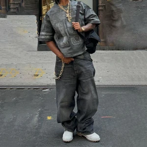 Custom Men's Solid Pattern Black Faded Wash Baggy Wide Leg Streetwear Denim Jeans-Y2K Inspired Autumn Season Collection