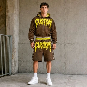Customizable Brown Men Short Tracksuit Set Neon Yellow Graffiti Logo Zip Hoodie Elastic Waist Shorts Streetwear
