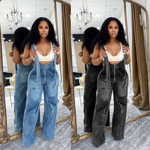 Women's High Waist Wide Leg Denim Overalls Cargo Pocket Jumpsuit Zip Front Adjustable Strap Jean Dungarees