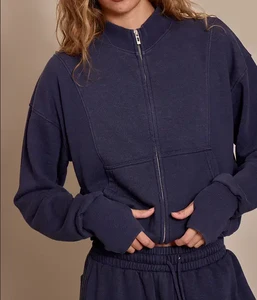 Women Vintage Washed Full Zip Cropped Sweatshirt Drop Shoulder O-Neck 100% Cotton Casual Jacket
