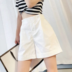 Semi Elastic High Waist Button Decor Shorts Loose Wide Leg Casual Bottoms for Women Daily Breathable Cotton Casual Shorts
