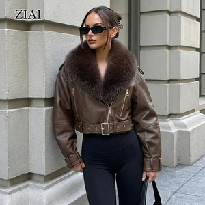 Women's High Quality Brown Textured Leather Jacket, Loose Fit Short PU Leather Moto Jacket With Belt