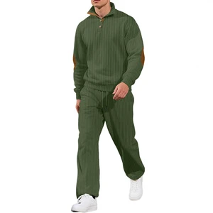 Men's Casual Two-Piece Summer Set Solid Color Collar Long-Sleeved Zipper Pant Suit Breathable