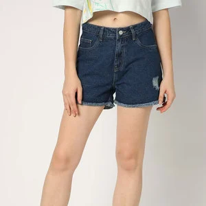 Women's High Waist Denim Shorts Five-pocket Distressed Wash Button Fly Casual Style Solid Color Breathable Cotton Fabric