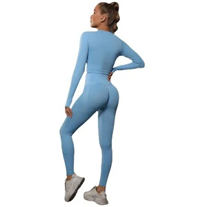 In Stock New Solid Peach Tight Hip Breathable Seamless Ruched Long Sleeve 2-Piece Yoga Set for Women