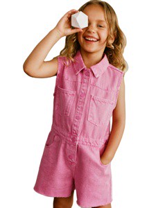 Girls' Summer Custom Denim Overalls With Anti-Wrinkle Embroidered Large Pockets and Loose-Fit Top Design