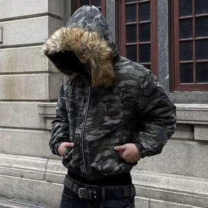 Custom Vintage Denim Acid Washed Camo Jackets For Men Autumn Winter Providing Warmth Loose Fit Hip-hop Style Faux Fur Hoodies