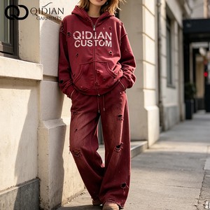 Custom Women Double Zipper Hoodie Set Streetwear Vintage Paint Splatter Acid Washed Loose Sweatsuit Wide Leg Denim Pants Set OEM