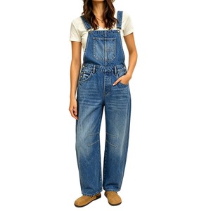 Channel Women's Barrel Leg Denim Overalls Casual Straight Wide Leg Bib Jeans Overall Adjustable Straps Denim Jumpsuits