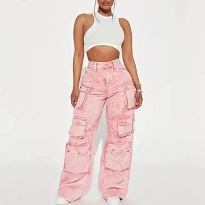 Women Street Wear Pockets Wide Leg Cargo Pants High Waist Versatile Straight Denim 2024 Custom Color Vintage Baggy Jeans
