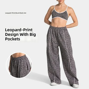 Women's Set Two Pieces Bra And Loose Fit Wide Leg Track pants Cheetah Leopard Print yoga Gym Fitness Sports Wear For Running