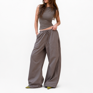 Custom Women's Wide Leg Pants 100% Cotton Taupe Baggy Pants Drawstring Cargo Pocket Wholesale Urban Casual Wear