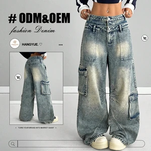 Hangyue Women's Baggy Hip-hop Distressed Denim Pants Boyfriend Cargo Jeans with Double Waist High Street Loose Fit for Winter
