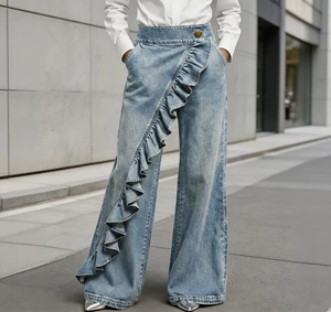 Women's Crossover Waist Jeans 2026 Summer Asymmetric Button Denim Pants Wide Leg Bootcut Trousers Retro Y2K Lady Loose Slacks