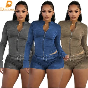 Retro Fashion Sexy Stretchy Denim Jeans Two Piece Sets for Women Slim Long Sleeve Jackets Zip Crop Top with Belt Shorts Outfits