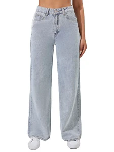 Customized Stylish Women's Washed Blue Wide Leg Denim Jeans Street Casual Style Loose Fit Denim Ladies Faded Jeans Pants