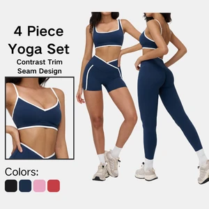 Womens Four Piece Yoga Set Contrast Trim Square V Neck Tops Cross Waist Shorts Leggings Stripe Seam Sculpting Gym Fitness Outfit