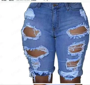 European American Plus Size Women's Hot Selling Summer Sweet Sexy Straight Distressed Jeans Street Style Denim Waist Logo