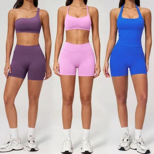 Factory Supply Women Sports Shorts Outfits Halter Bra Spaghetti Strap Top Set Active Stretch Women Workout Fitness Set for Yoga