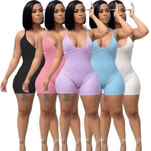 OEM/ODM Custom Women's Ribbed Fleece Bodycon Jumpsuit Sleeveless Sexy Slim Fit Short Vintage 100% Cotton Low Waist Summer Party