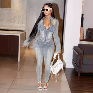 Peeqi MZ88595 New Autumn Women Two Piece Pants Set Denim Suit Long Sleeve Zipper Jacket Fashion Jeans Suit Women Denim Outfit