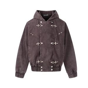 Trendy Brand 2026 New Arrival American Retro Heavy-Wash Distressed Denim Streetwear Autumn Bomber Jacket Aviation-Button
