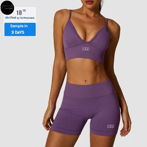Women's Solid Seamless Ribbed Yoga Set-Deep V Sports Bra High Waist Elastic Waist Sculpting Shorts Spandex/Nylon Front Gym