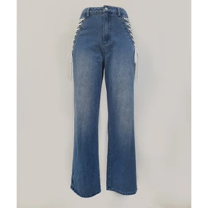High Quality Custom Women' s Jeans Casual Women's Wide Leg Mid Waist Jeans Side Straps Design Washed Jeans Women Pants