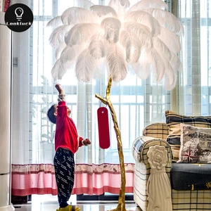 Modern Iron Standing LED Floor Lamp with Feather Shade E11 Base Blue/Pink Options for Indoor Living Room & Hotel Use